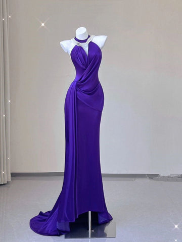 Sheath Halter Grape Satin Long Prom Dresses Evening Gown Formal Party Dress With Ruffles SD1305